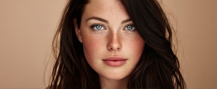The captivating portrait of a woman with striking freckles and expressive eyes. photo