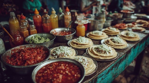 Vibrant Street Food Tacos with Colorful Salsas and Condiments photo