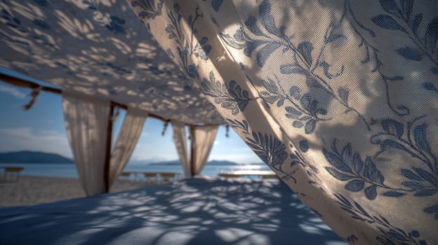 White Lace Beach Canopy with Blue Floral Pattern photo