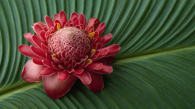 Red Tropical Flower on Green Leaf photo
