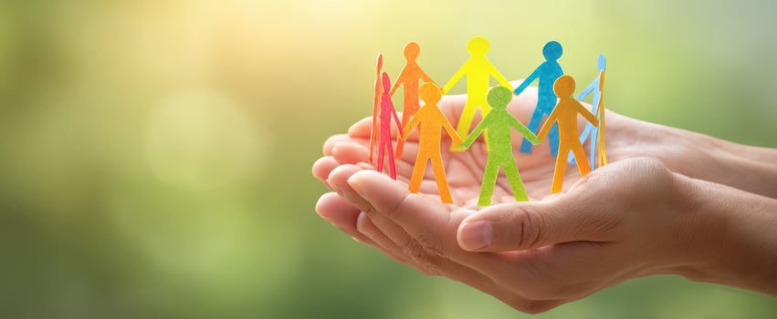 The Hands Holding a Colorful Circle of Paper Figures in Unity. photo