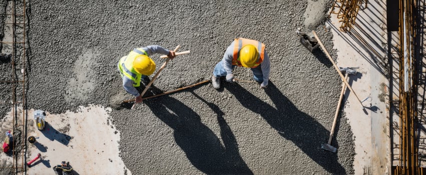 The construction workers pouring concrete at a building site with safety gear. photo