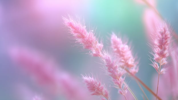 Soft pink grass swaying in gentle breeze during golden hour of late afternoon in tranquil natural setting photo