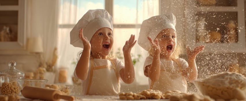 The joyful children baking together in a cozy kitchen filled with flour. photo