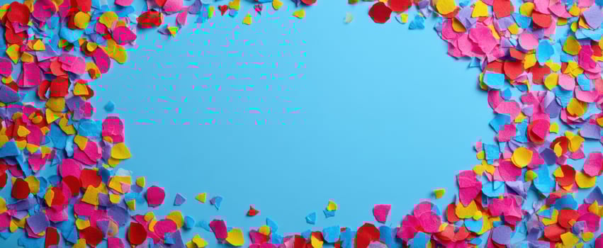 The colorful confetti creating a vibrant border on a blue background. photo