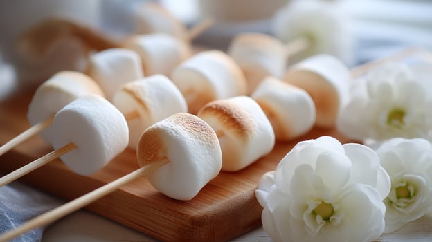 Delicious toasted marshmallows on skewers next to white flowers arranged on a wooden board photo