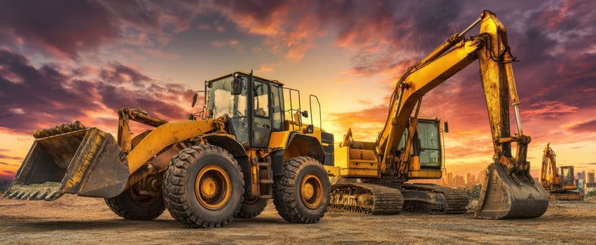 The heavy construction machinery against a dramatic sunset backdrop in an industrial setting. photo