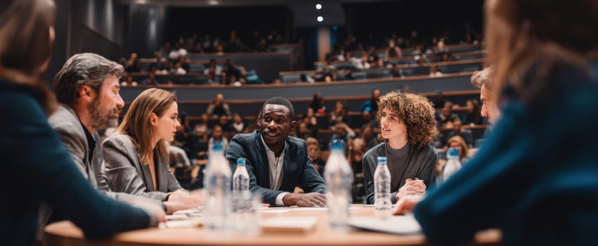 The engaging discussion among diverse professionals in a dynamic conference setting. photo