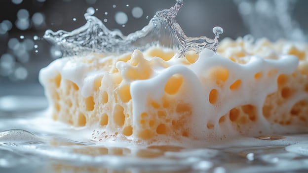 A yellow sponge is splashing in water, highlighting a vibrant cleaning scene. photo