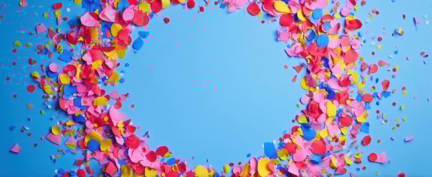 The colorful confetti circle on a blue background for festive celebrations. photo