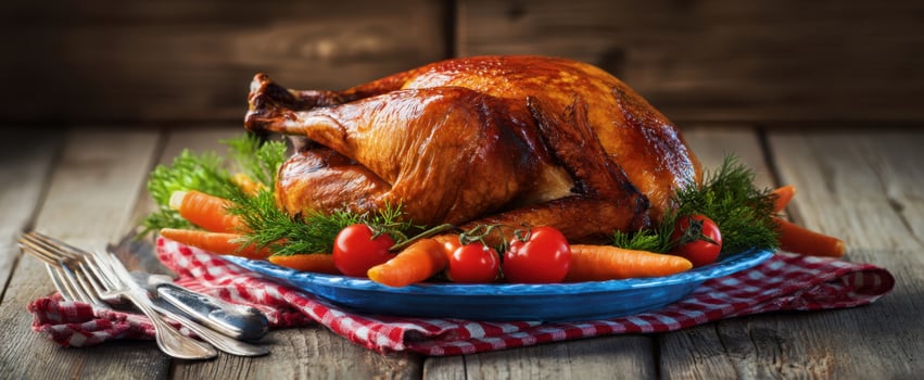 The beautifully roasted turkey centerpiece garnished with fresh vegetables. photo