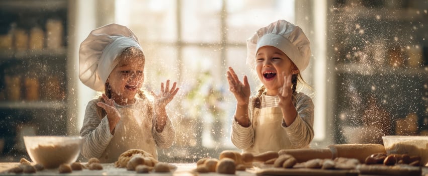 The joyful moment of children baking in a cozy kitchen, sharing laughter and flour. photo