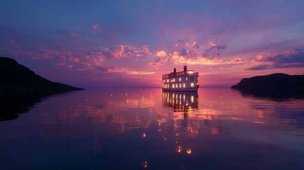 Stunning sunset over a floating house in a tranquil lake surrounded by mountains and reflections on water photo