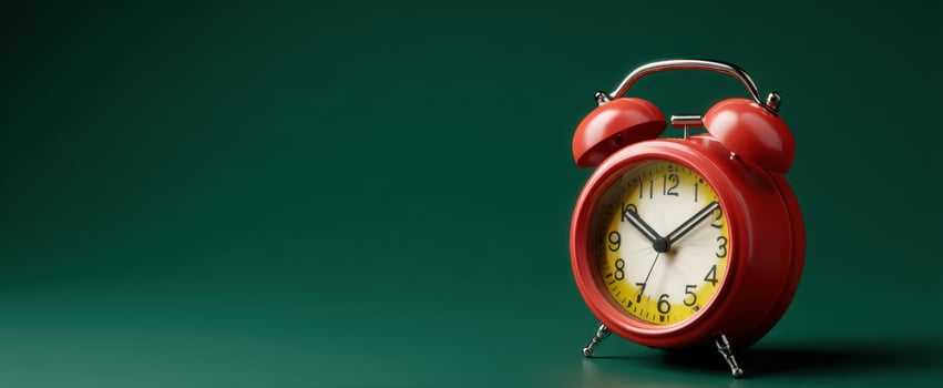 The vintage red alarm clock highlighting time in a minimalist setting. photo