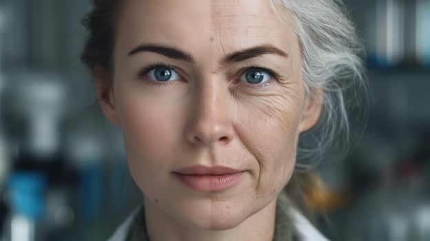 A woman stands in a modern lab, surrounded by cutting-edge technology. Her dual expression reflects both youth and age, symbolizing the journey of innovation. photo