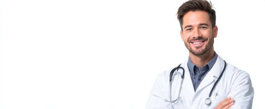The smiling doctor in a white coat with a stethoscope ready to assist. photo