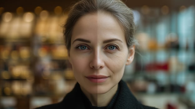 A woman with a striking contrast in her appearance stands in a contemporary office space. She embodies the spirit of youth and innovation in technology, inspiring those around her. photo