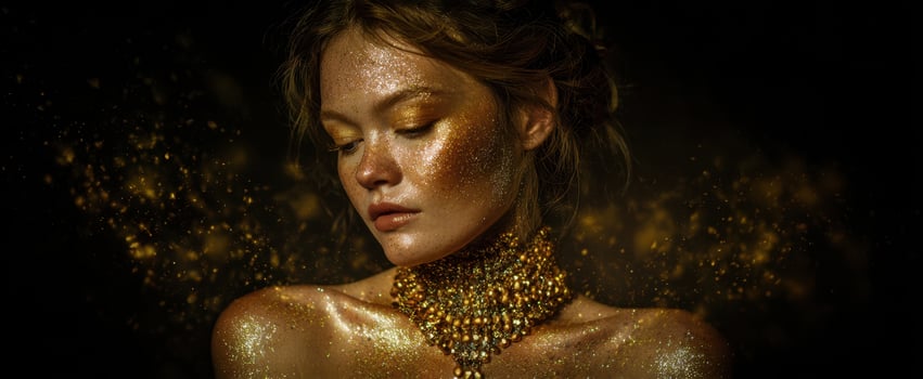 The shimmering beauty adorned with golden glitter and exquisite jewelry. photo