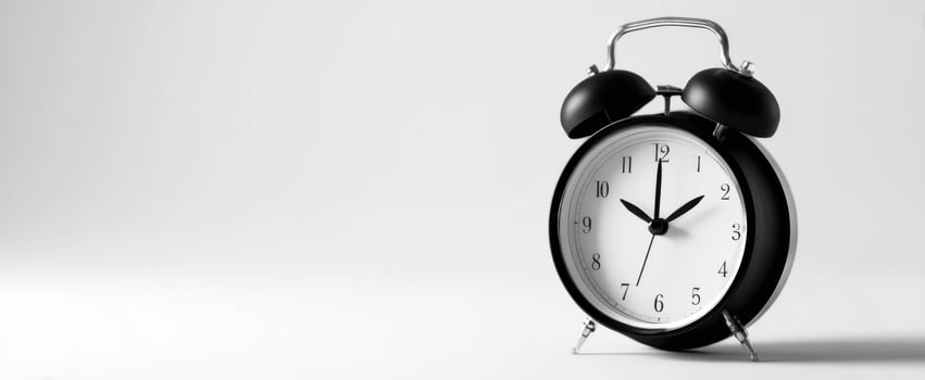 The classic black alarm clock showcasing time in a minimalist setting. photo