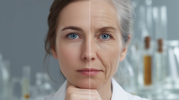 A middle-aged woman explores technology's role in youth preservation in a lab, highlighting the contrast between her youthful looks and mature features as she conducts innovative research. photo