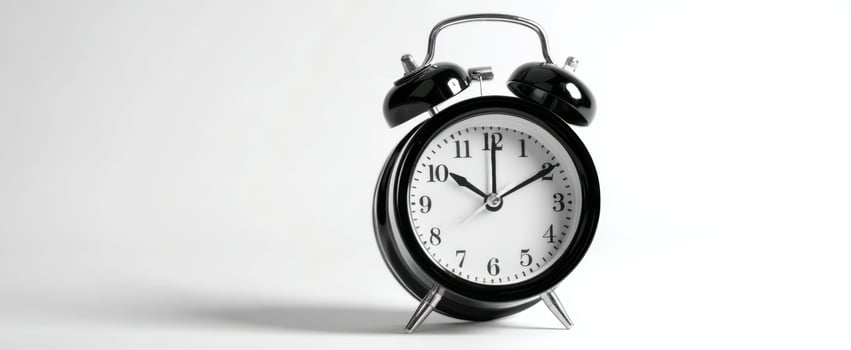 The vintage alarm clock showing precise time on a minimalistic background. photo
