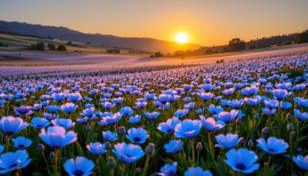 an ethereal valley of blue poppies under a golden sunrise photo