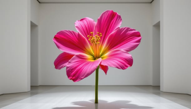 a deconstructed flower, each petal and stamen suspended midair in a gallery like void. photo