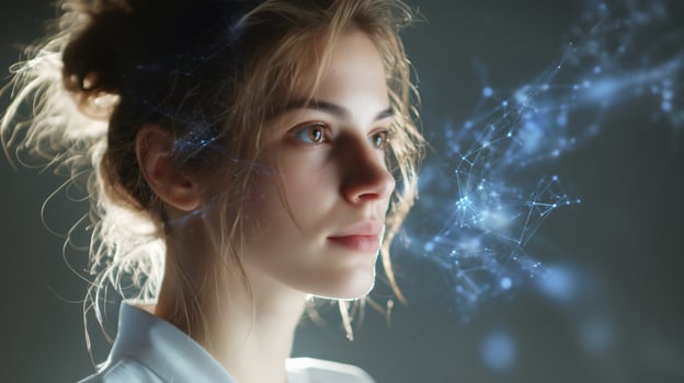 A young woman gazes thoughtfully as digital connections form around her. This moment reflects the fusion of youth and innovation in the field of technology, showcasing creativity and potential. photo
