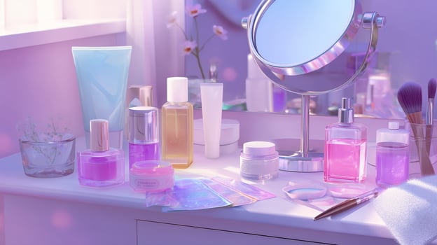 Colorful skincare and beauty products arranged on a vanity in a softly lit room during daytime photo