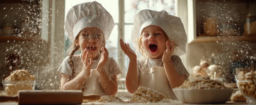 The joyful children baking together in a bright, sunny kitchen. photo