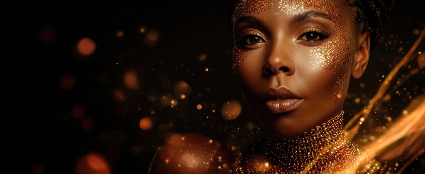 The radiant woman adorned with sparkling golden accents and vibrant artistry. photo