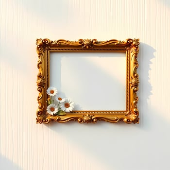 Baroque Golden Ornate Frame with Daisies on Elegant Textured Wall photo