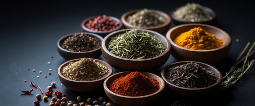 Assortment of Spices in Wooden Bowls, Dark Background, Culinary, and Flavorful Herbs photo