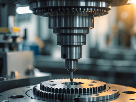 Closeup of a CNC Machine Engraving a Gear, Precision Engineering and Manufacturing. photo
