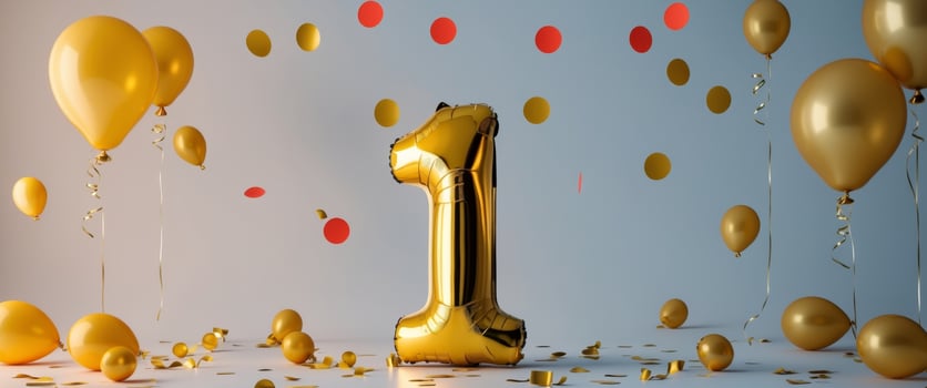 Elegant First Anniversary Celebration with Golden Balloon Number One and Confetti. photo