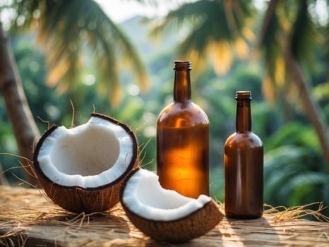 Exotic Coconut Oil Presentation. Dark Bottles and Fresh Coconut in a Tropical Setting. photo