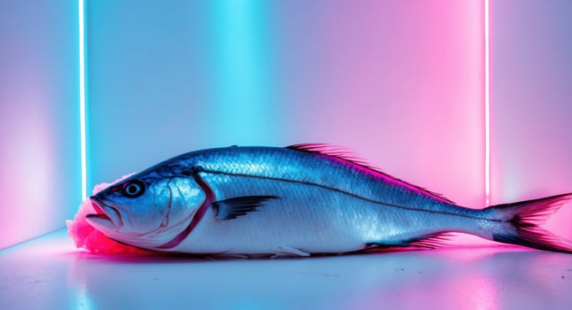Neon Fish Still Life, Modern Art, Vibrant Colors, Unique Composition, Studio Shot. photo