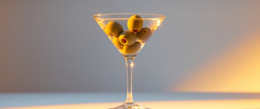 Olives Overflowing Martini Glass with Vivid Lighting, Creating Artistic Still Life photo