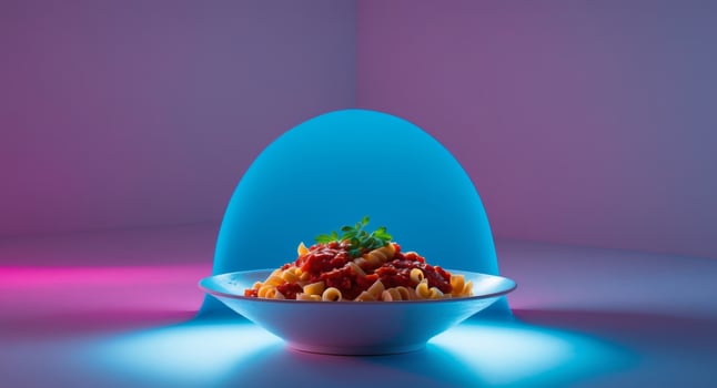 Spirali Pasta with Tomato Sauce in a White Bowl under a Neon Blue and Pink Light. photo