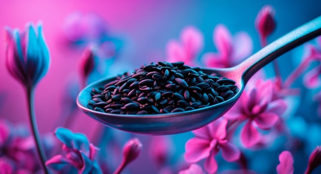 Spoonful of Black Sunflower Seeds with Floral Background in Blue and Pink Hues. photo