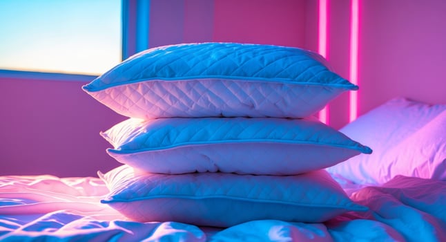 Stack of White Pillows on Bed with Neon Lighting, Inviting Comfort and Relaxation. photo