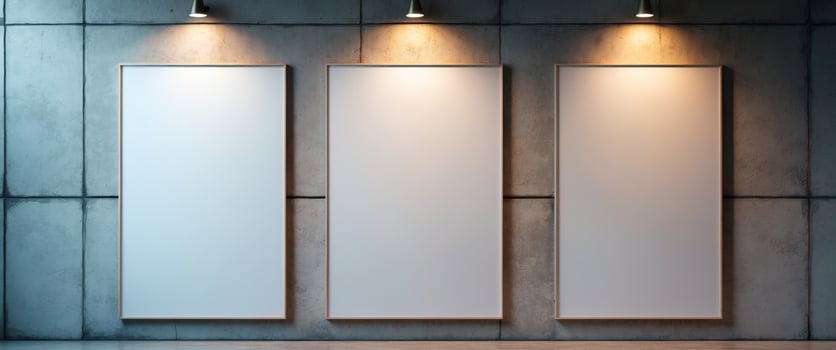 Three Framed Mockups on Concrete Wall with Spotlights, Contemporary Gallery Space. photo