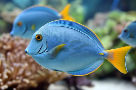 Powder blue tang fish swimming in aquarium with coral reef photo