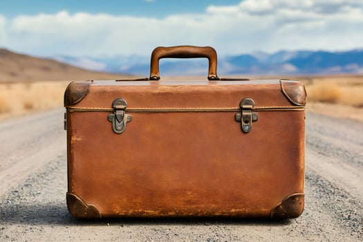 Old brown suitcase standing on a desert road is waiting for the journey to start photo