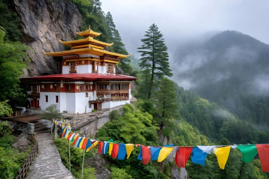 Colorful prayer flags leading to a buddhist temple in the himalayas mountains photo