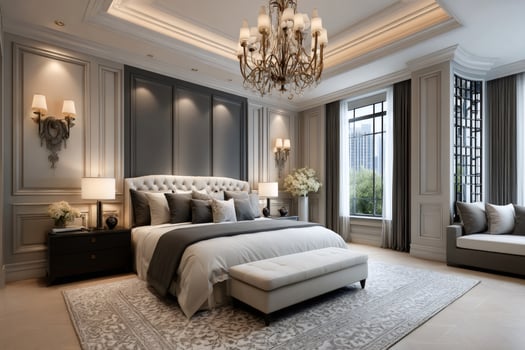 Luxurious master bedroom interior with elegant furniture and city view photo