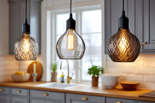 Modern pendant lamps illuminating contemporary kitchen photo