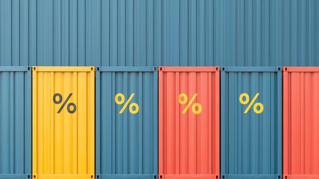 Colorful shipping containers in a row, featuring a prominent yellow container with a percentage symbol, representing logistics, trade, and commerce in a vibrant industrial setting photo