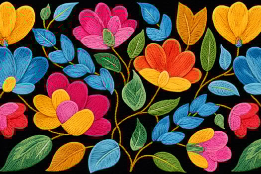 Colorful floral embroidery design with vibrant flowers and leaves on black background photo