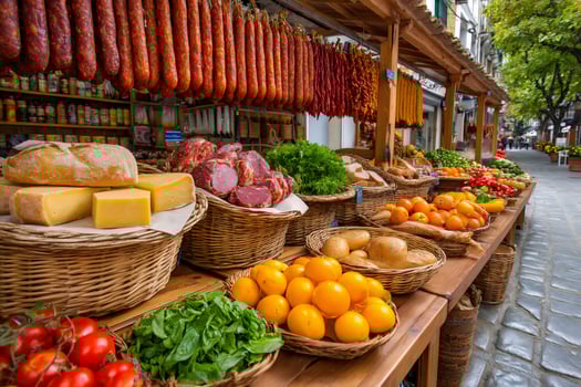 Market stall offering fresh produce, cheese, bread, salami and sausages hanging photo
